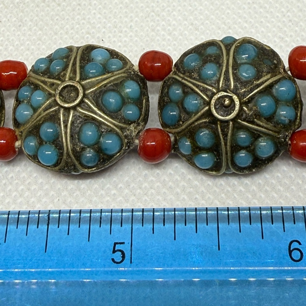 Vtg Nepalese Tibetan Red Coral & Turquoise Handmade Beaded Necklace Reversible - Picture 9 of 10